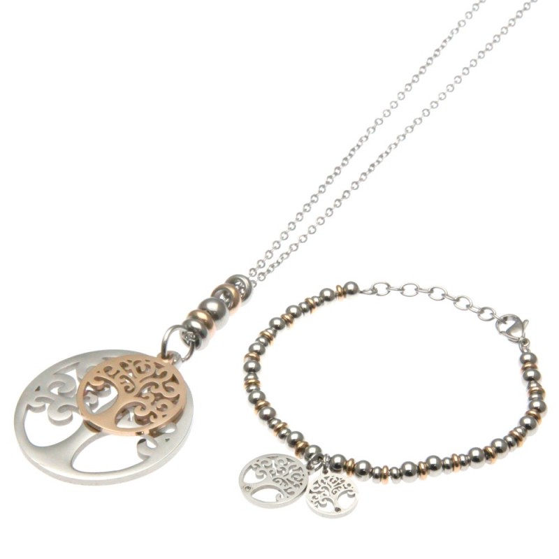 parure donna collana e bracciale con albero della vita in acciaio