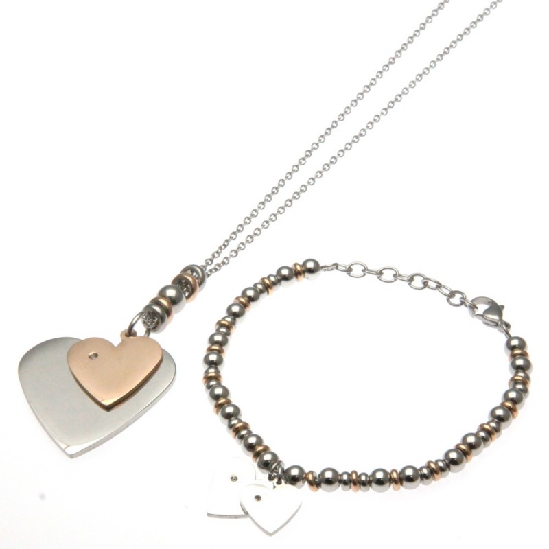 parure donna collana e bracciale con cuori in acciaio