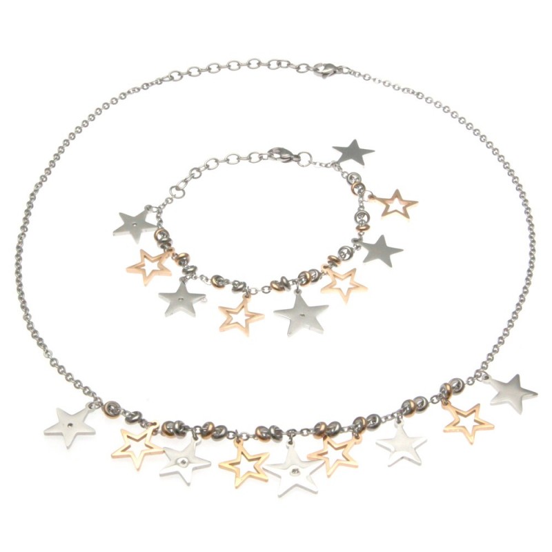 parure donna collana e bracciale con stelline in acciaio