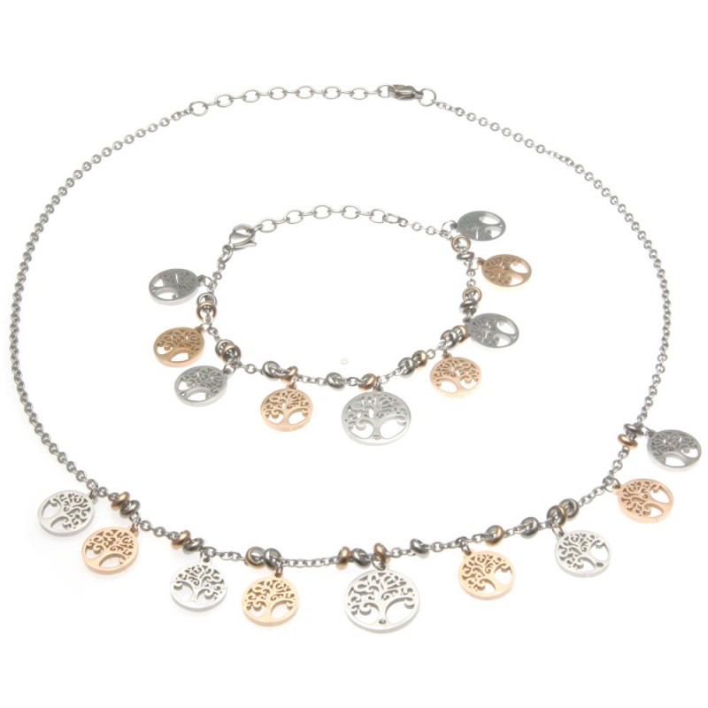 parure donna collana e bracciale con albero della vita in acciaio