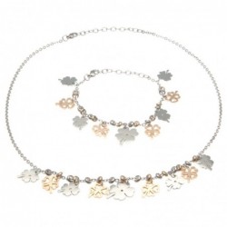 parure donna collana e bracciale con quadrifogli in acciaio
