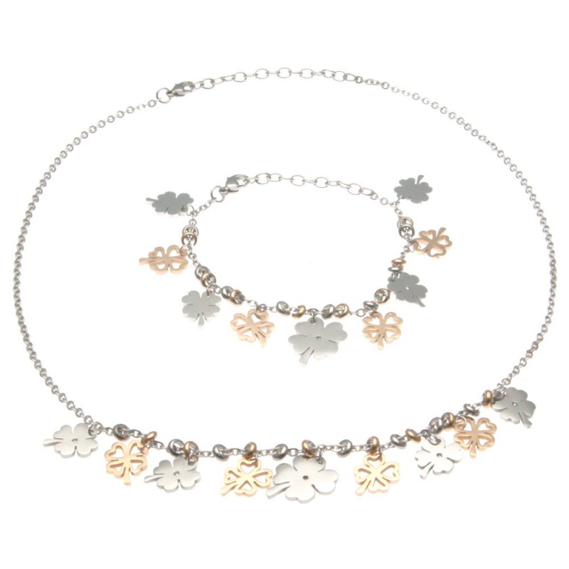 parure donna collana e bracciale con quadrifogli in acciaio