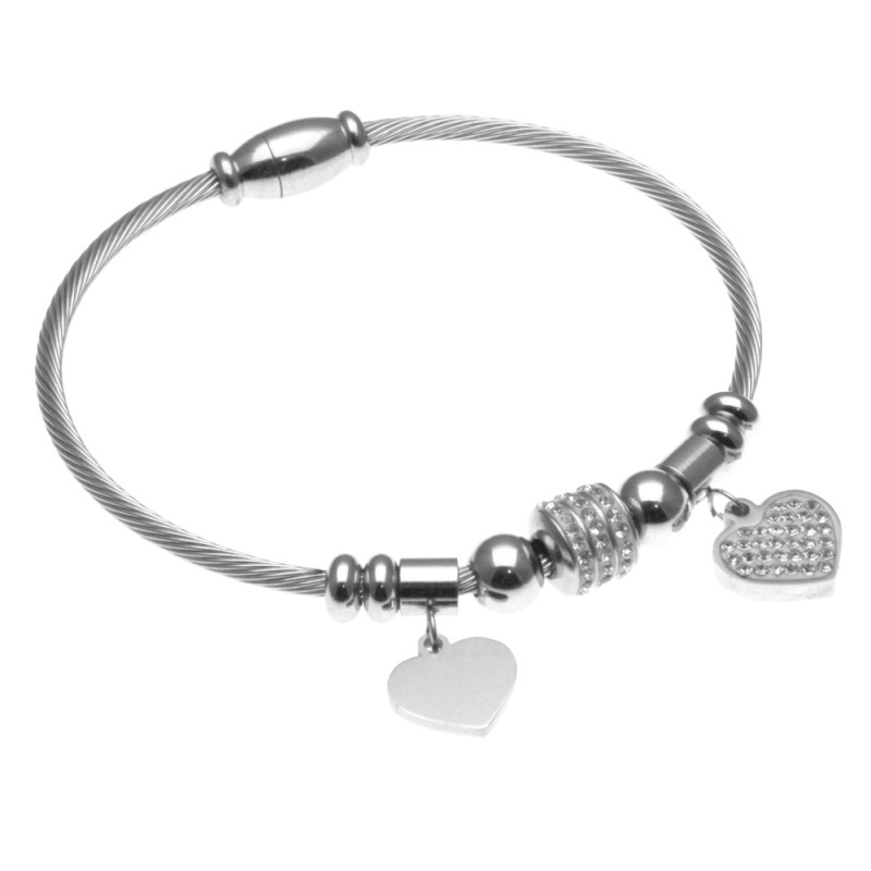 bracciale rigido donna con cuoricini in acciaio e strass