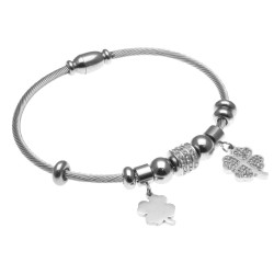 bracciale rigido donna con quadrifogli in acciaio e strass