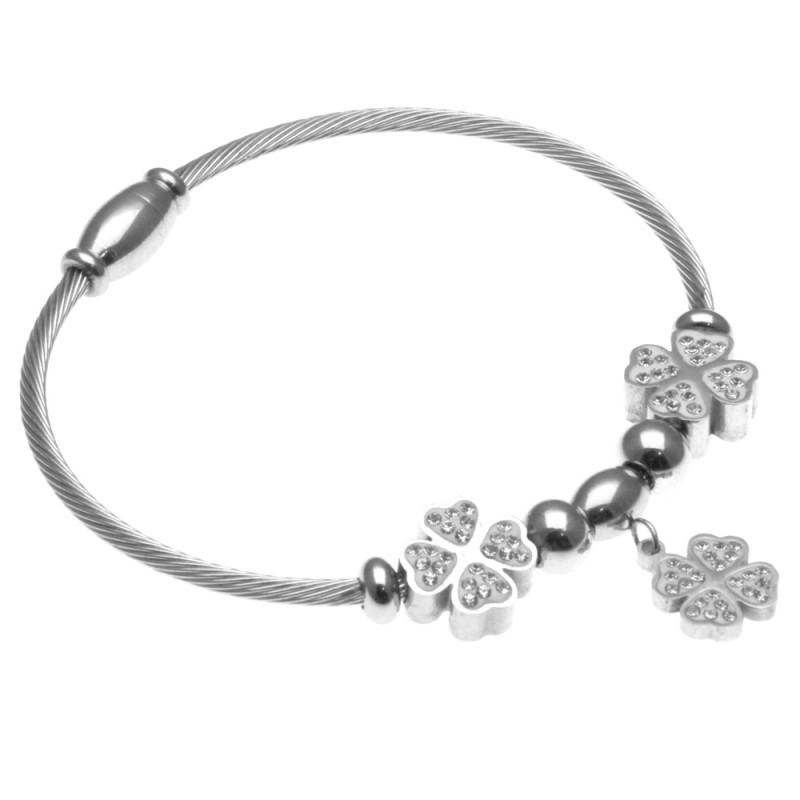 bracciale rigido donna con quadrifogli in acciaio e strass