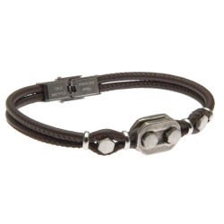 bracciale uomo con bulloni in acciaio invecchiato e pelle