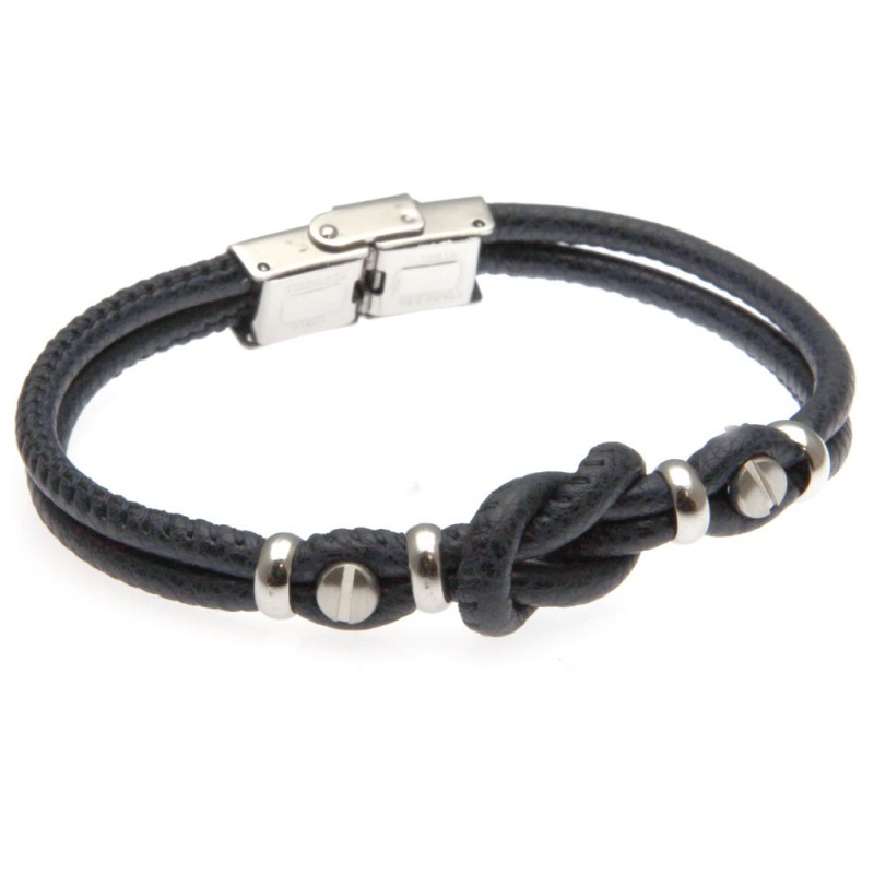 bracciale in pelle uomo nodo marinaro e acciaio blu