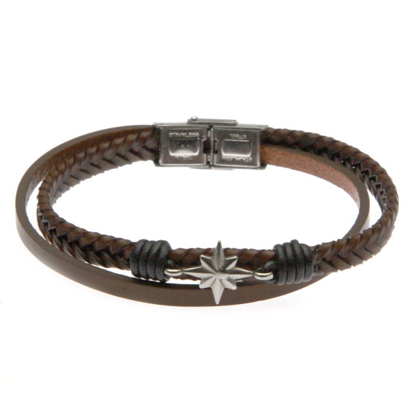 bracciale uomo con rosa dei venti in pelle e acciaio