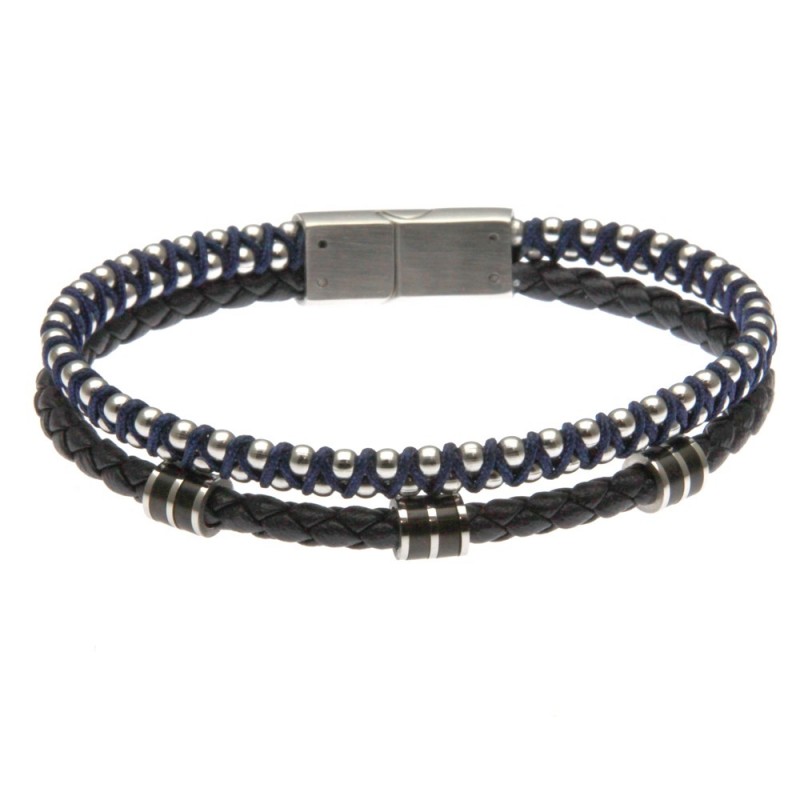 bracciale in pelle e cotone e acciaio uomo