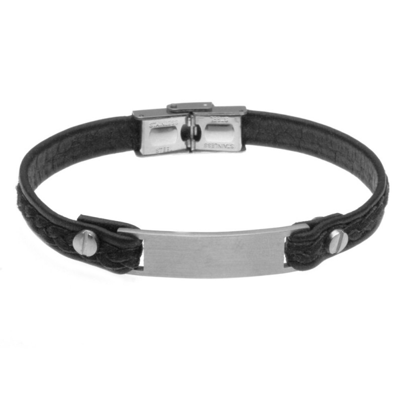 bracciale uomo con piastra da incidere in acciaio e pelle