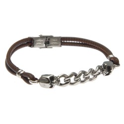 bracciale uomo con teschi in acciaio e pelle marrone
