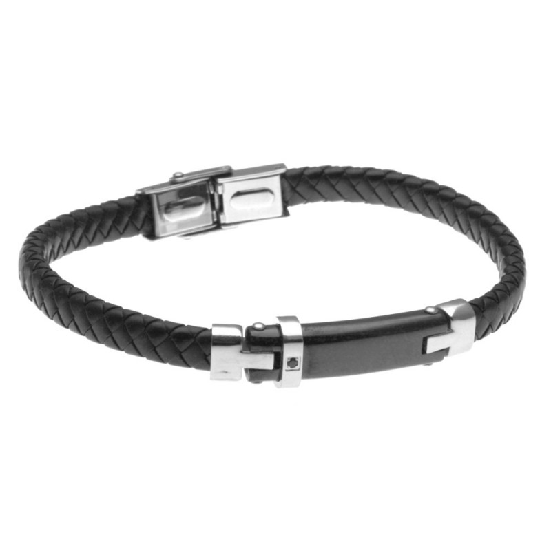 bracciale uomo in pelle piastra particolare con zircone nero