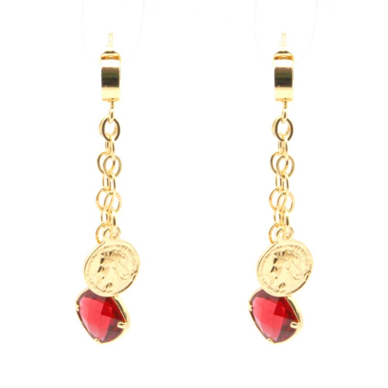 orecchini donna pendenti con cristallo rosso e moneta