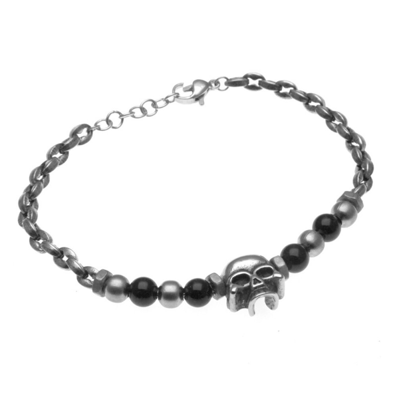 bracciale uomo con teschio in acciaio e pietre