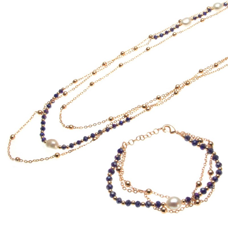 parure donna collana e bracciale con perle e pietre