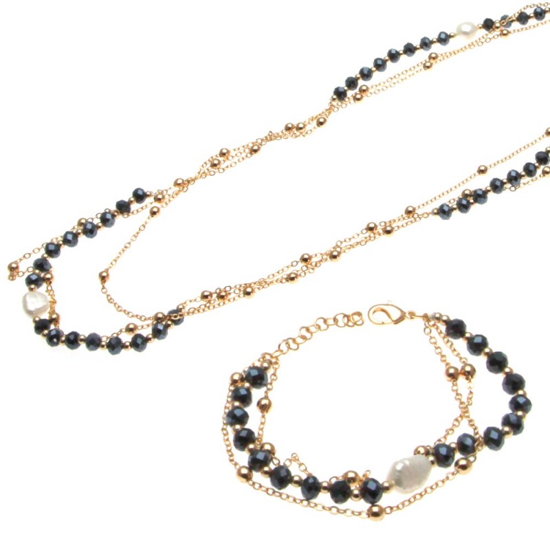 parure donna collana e bracciale con perle e pietre