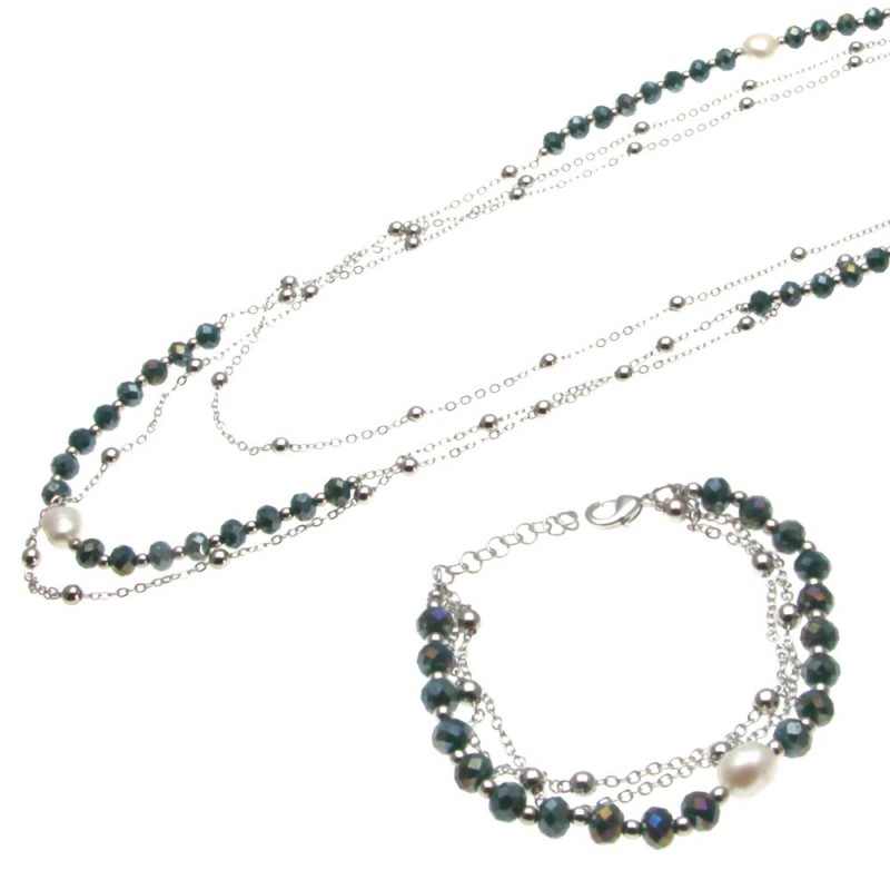 parure donna collana e bracciale con perle e pietre