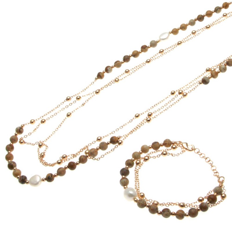 parure donna collana e bracciale con perle e pietre