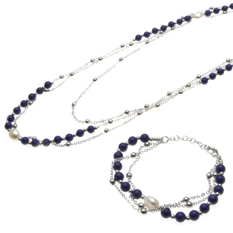 parure donna collana e bracciale con perle e pietre