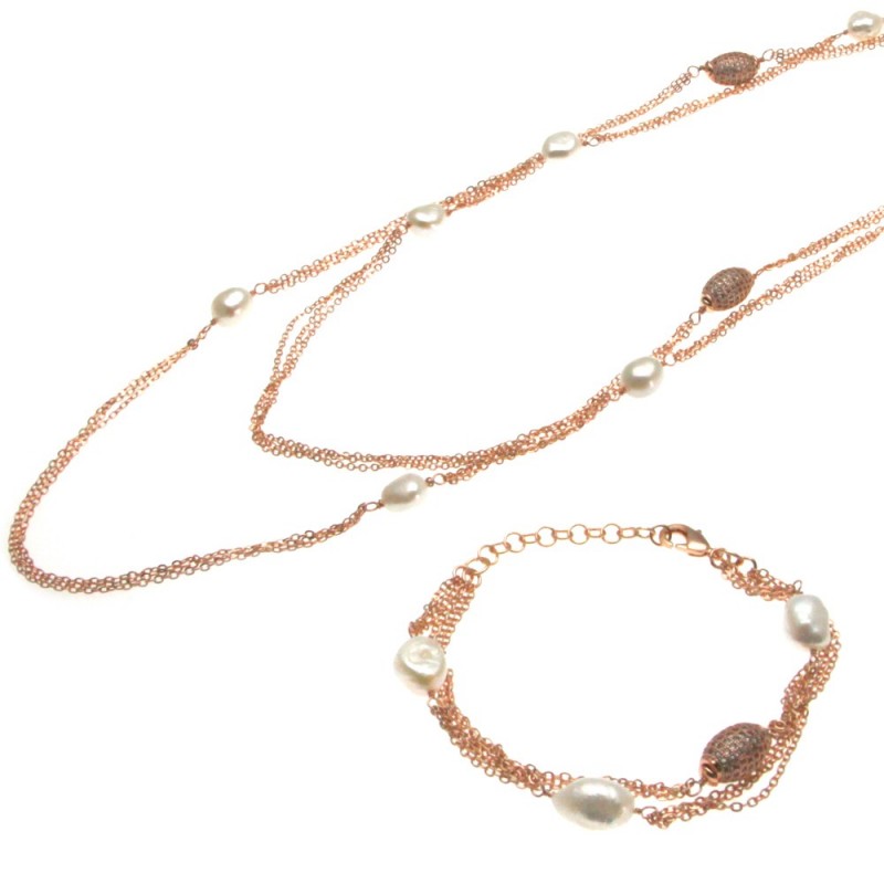parure donna collana e bracciale con perle e pietre