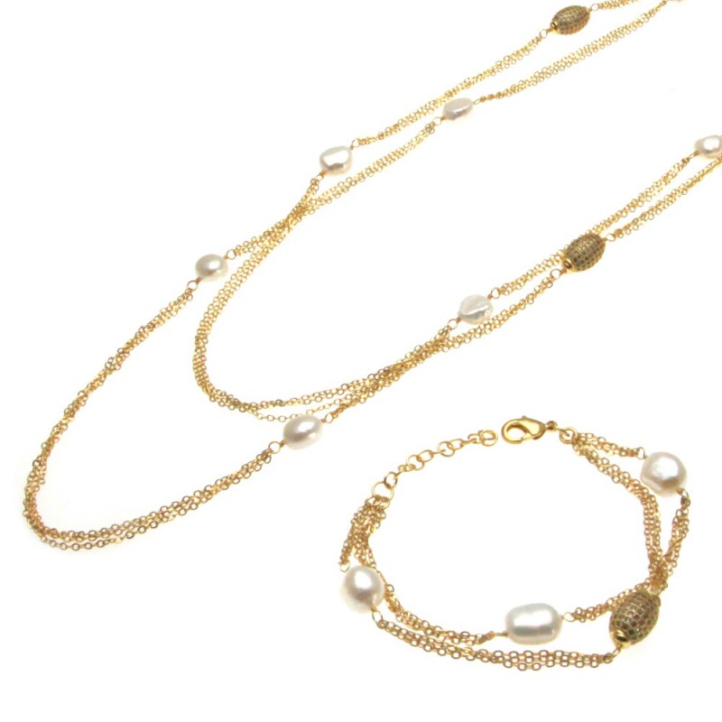parure donna collana e bracciale con perle e pietre