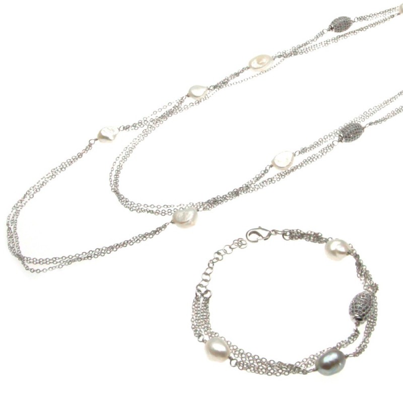parure donna collana e bracciale con perle e pietre