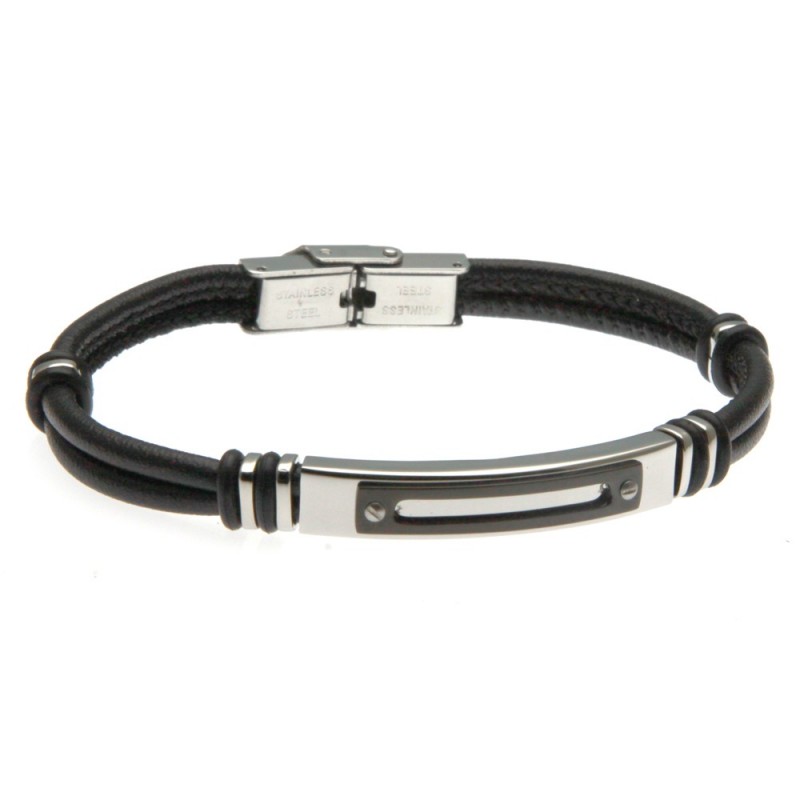 bracciale uomo in pelle e piastra in acciaio