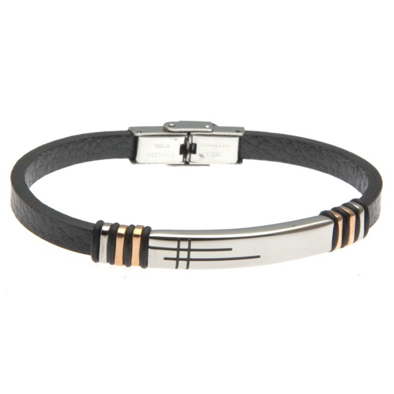 bracciale uomo in pelle nera con piastra in acciaio