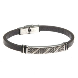 bracciale uomo in pelle marrone e piastra in acciaio lavorata