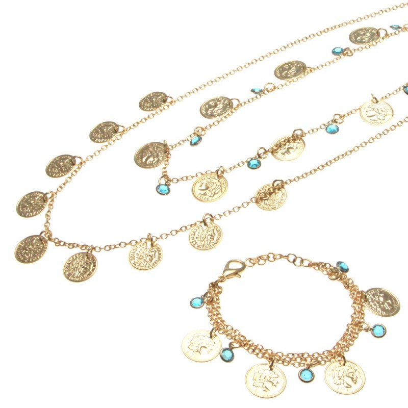 parure donna collana e bracciale con monete in bronzo e cristalli