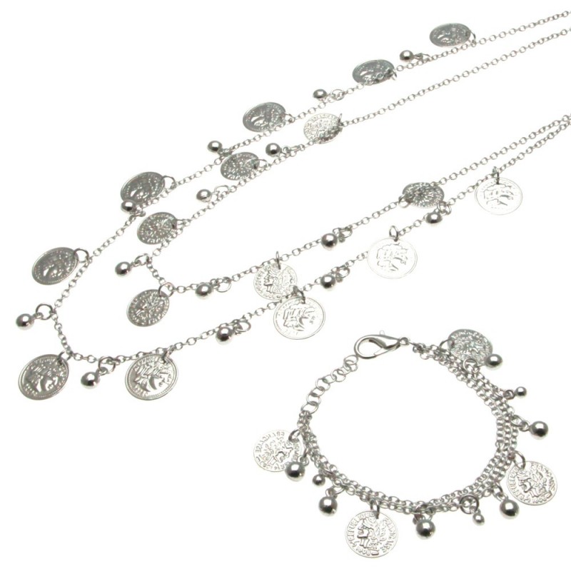 parure donna collana e bracciale con monete in bronzo