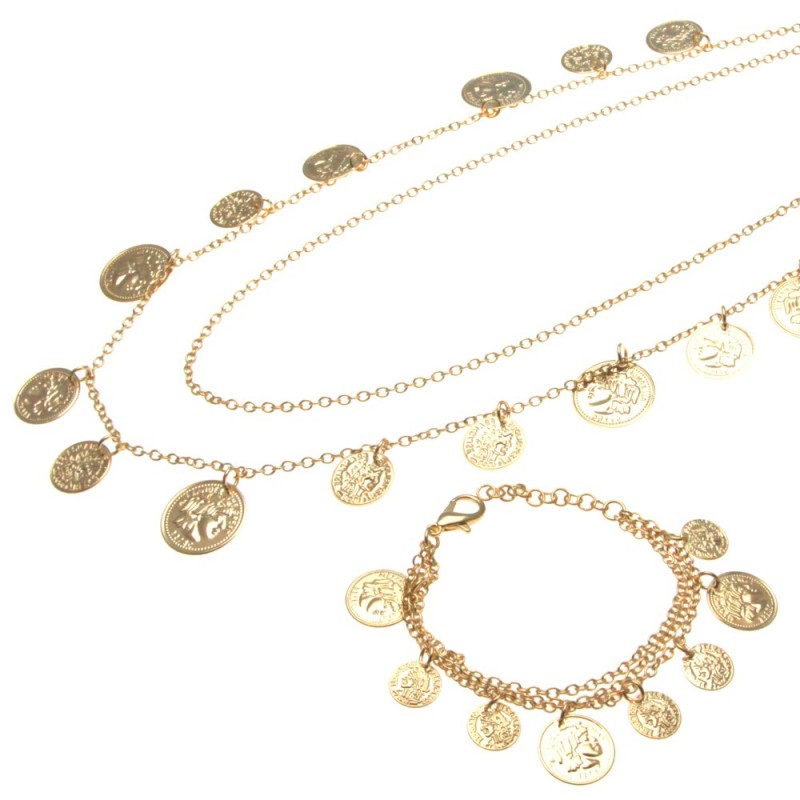 parure donna collana e bracciale con monete in bronzo