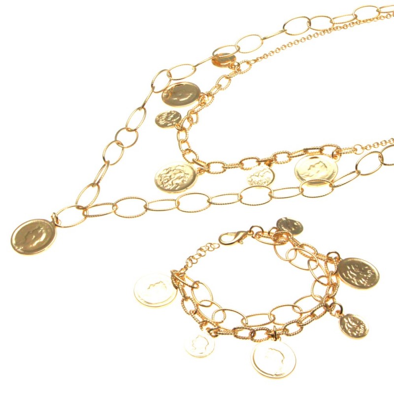 parure donna collana e bracciale con monete in bronzo
