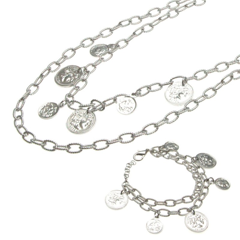 parure donna collana e bracciale con monete in bronzo