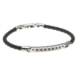 bracciale uomo in pelle nera e piastra in acciaio con zirconi