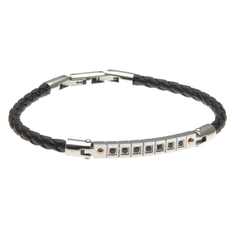 bracciale uomo in pelle nera e piastra in acciaio con zirconi