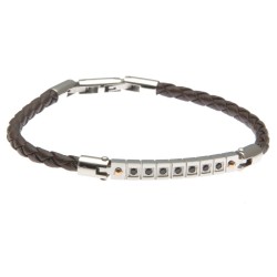 bracciale uomo in pelle marrone e piastra in acciaio con zirconi