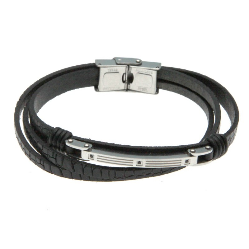 bracciale uomo in pelle con piastra e strass