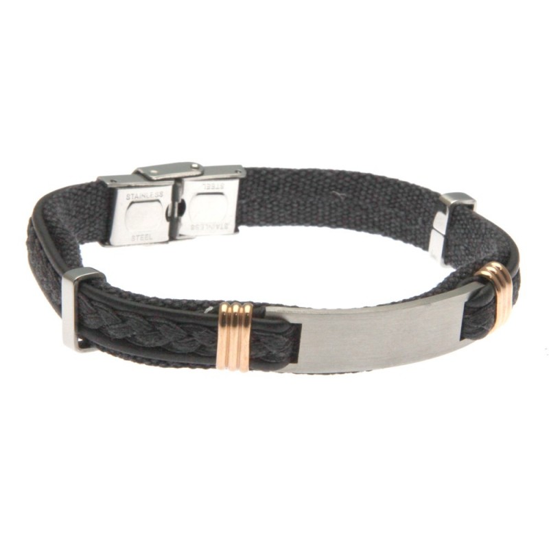 bracciale uomo con piastra in acciaio tessuto e pelle