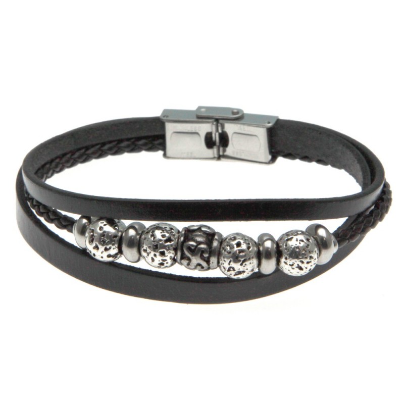 bracciale uomo in pelle e sfere in acciaio