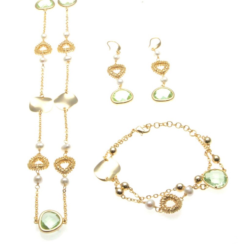 Parure donna in bronzo con perle e cristalli