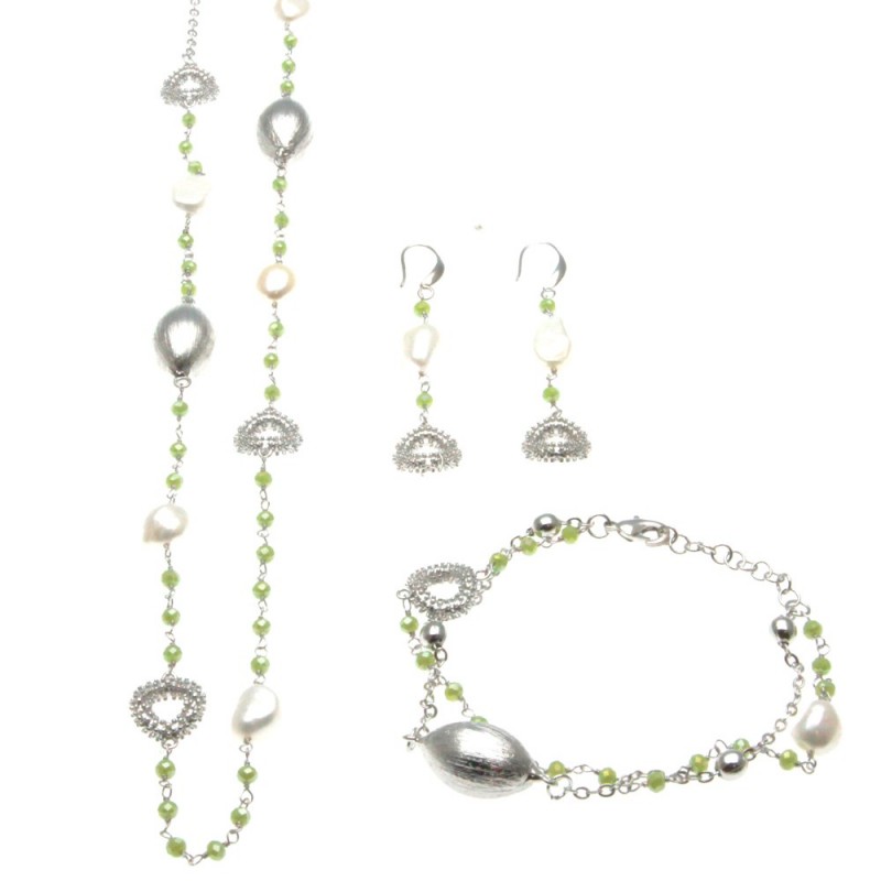 Parure donna in bronzo con perle e pietre sfaccettate