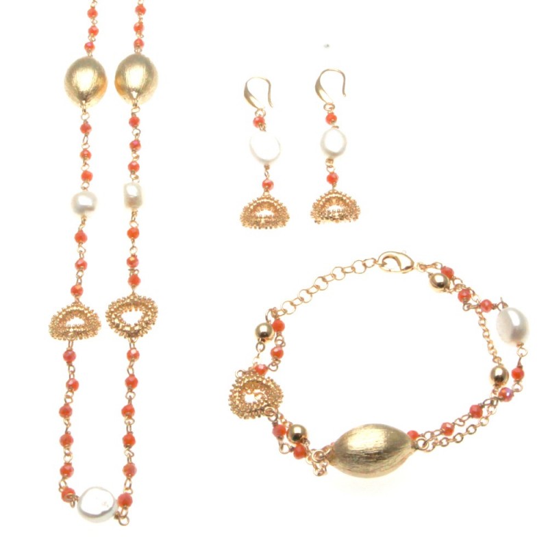 Parure donna in bronzo con perle e pietre sfaccettate