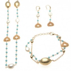 Parure donna in bronzo con perle e pietre sfaccettate