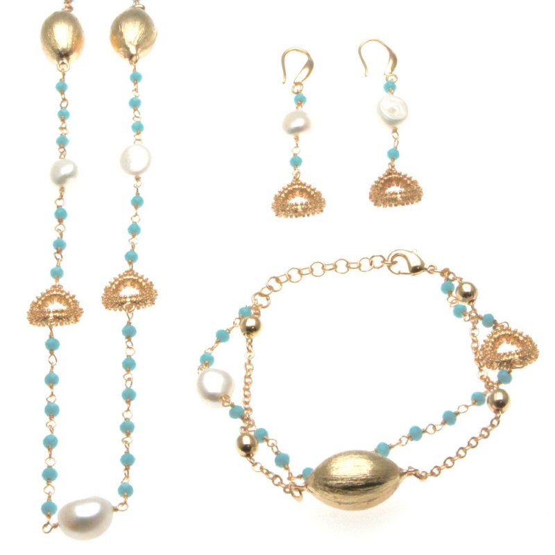 Parure donna in bronzo con perle e pietre sfaccettate