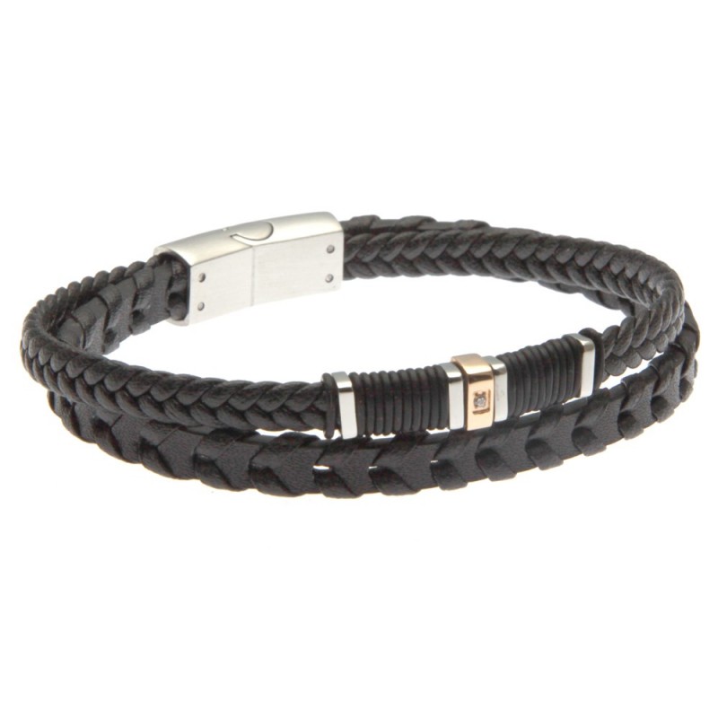 bracciale uomo in pelle elementi in acciaio e zircone