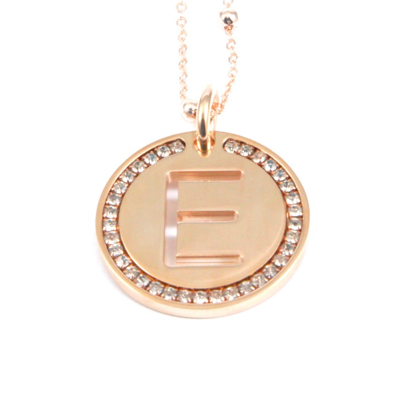 Collana con ciondolo lettera e in bronzo oro rosa