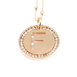 Collana con ciondolo lettera f in bronzo oro rosa