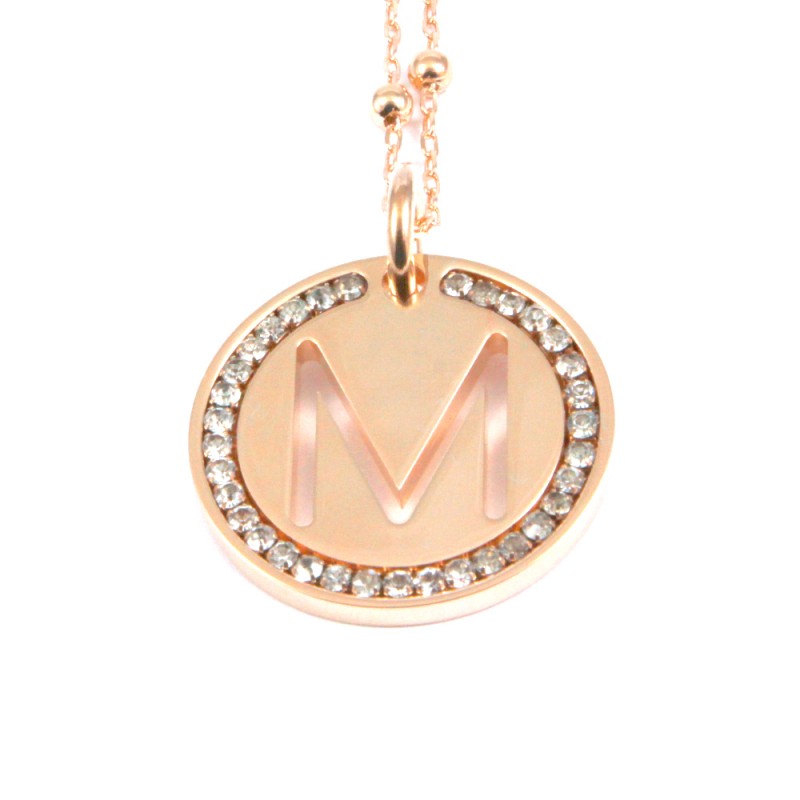 Collana con ciondolo lettera m in bronzo oro rosa