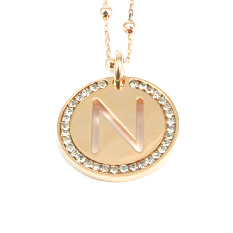 Collana con ciondolo lettera n in bronzo oro rosa